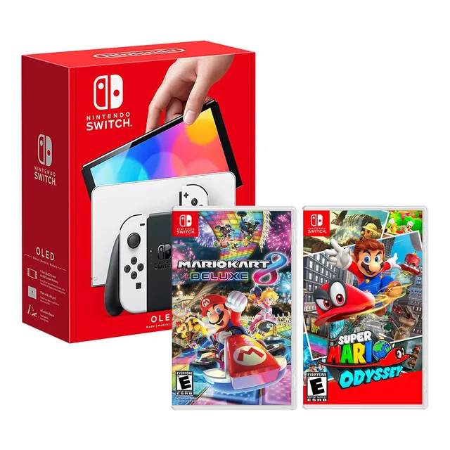 Nintendo Switch Oled Blanco + Mario Kart 8 + Mario Odyssey