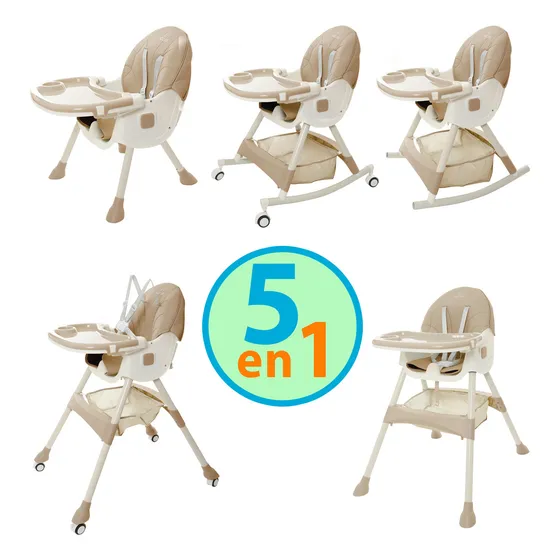 Silla Alta Periquera Bebe Kiddos Mecedora Con Llantas 5 En 1 Ajustable Plegable Asiento Piel Bandeja Extraíble Segura Color KHAKI