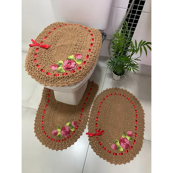 Jogo De Banheiro Em Croche 100% Artesanal + Super Cor Avelã