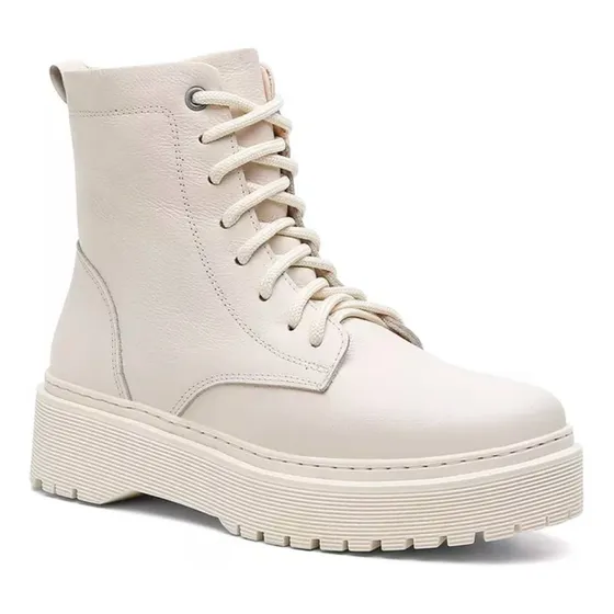 Bota De Dama Borcego Plataforma Acordonado En Cuero Offwhite