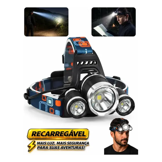 Lanterna De Cabeça Led Recarregável Farol Bike 3 Leds Zoom 300m Alta Potência Pesca Trilha Camping