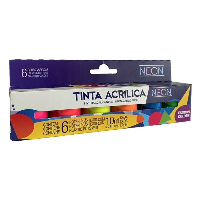 Tinta Acrilica Fluorescente Neon 6 Potes 10ml Cores Variadas