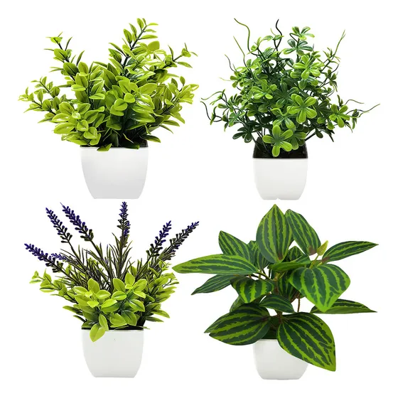 4 Macetas Plantas Artificiales Barro Decoración Bonsai Verde