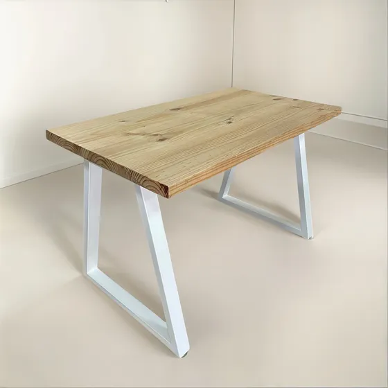 Mesa Comedor Estilo Industrial Con Cubierta De Madera Gruesa Barniz Natural Blanco