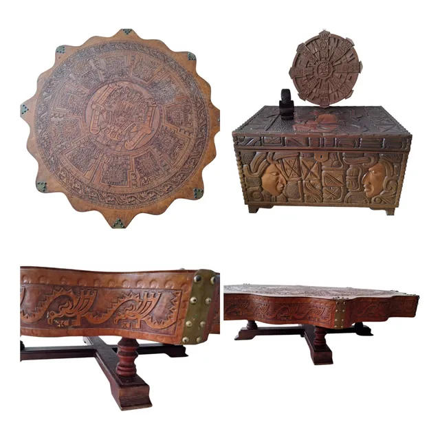 Mesa Repujada De Cuero Con Baúl Y Cuadro De Madera