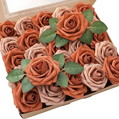Rosas Artificiales C/tallo Realistas 25u 7.6cm Calidas