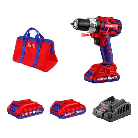 Taladro Percutor Emtop Brushless Inalambrico 20v Sin Carbones + Bolso