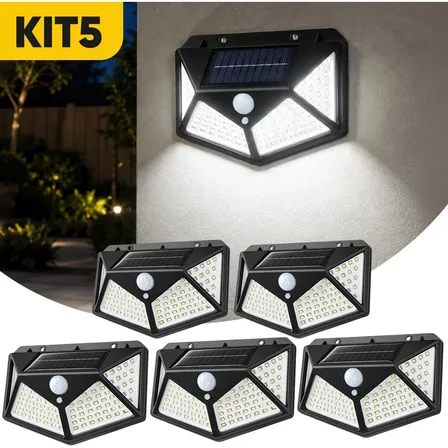 Kit 5 Luminária Solar 100 Led Com Sensor Jardim Prova Dágua 127/220v Preto