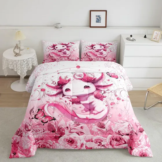 Juego De Cama Axolotl Feelyou, 3 Piezas, Estampado Luna Y Fl