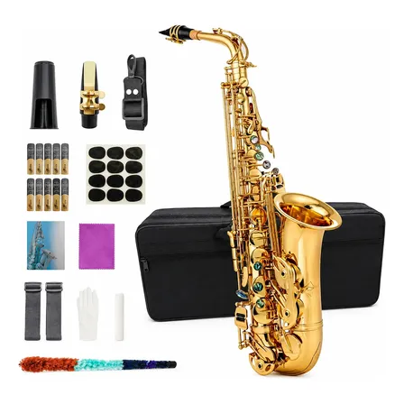 Kit Saxofone Alto Eb Laqueado Estojo Case Luxo Acessórios Dourado