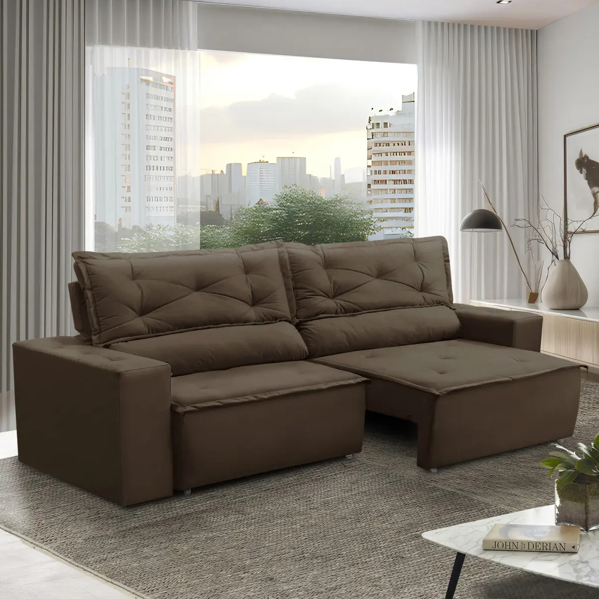 Sofá Retrátil e Reclinável 3 lugares com Molas 1,80m Livia Suede Marrom Adonai Estofados.