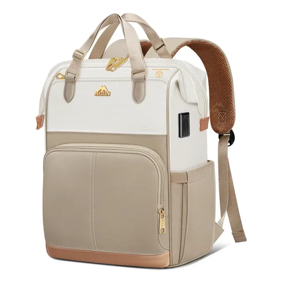Mochila Feminina Antifurto para Notebook 15,6” Impermeável com Zíper Antirroubo e Bolso RFID, Porta USB, Mochila de Trabalho e Viagem para Escritório, Uso Diário, MATEIN Bege