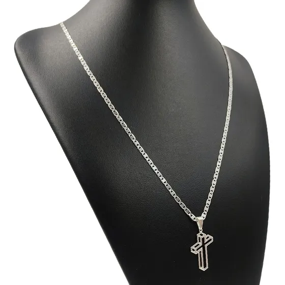 Corrente De Prata 925 Masculina Legítima + Pingente Cruz 3d Cor Prateado