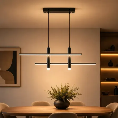 Lustre Led Retangular, Ferro + Alumínio, Pendente Linear 24w, E Altura Ajustável 90cm, Ideal Para Cozinha E Jantar, Tieesa D015 Preto