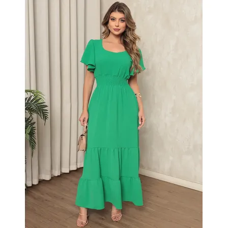 Vestido Longo Com Manguinhas Confortável Lastex Elegante