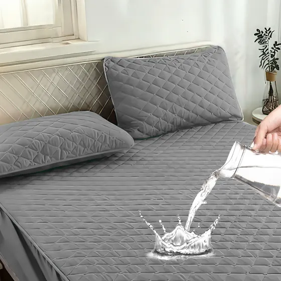 Cubre Colchon Impermeable 2 Plazas + Fundas Okaeri Color Gris claro