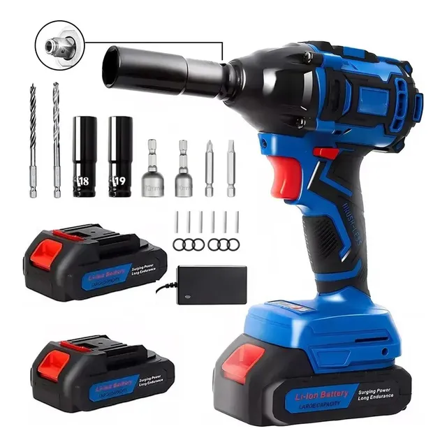Kit Juego De Taladro Atornillador Herramientas Llaves De Impacto Inalámbrico Eléctrico De 21v Con 2 Baterías 7500mah Pistola De Impacto Sin Escobillas Mandril De 1/2''