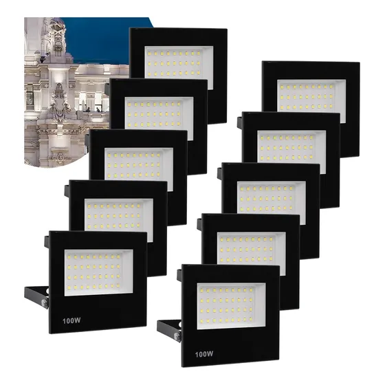 Kit 10 Refletor Led 100w Holofote Bivolt Prova Dágua Ip66 