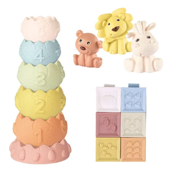 Set Apilable Con Cubos Torres Y Animalitos De Goma Color Pastel