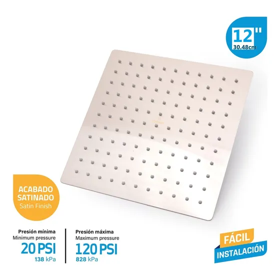 Regadera Ducha Cuadrada Satinada 12puLG Griven Sin Tubo