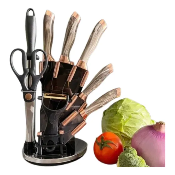 Jogo Facas 9 Peças Cozinha Profissional Inox Base Giratória Cor Marron