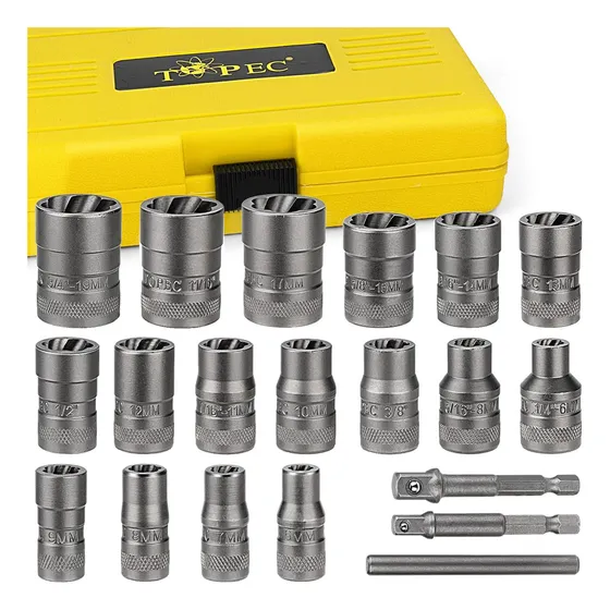 Kit de Extractor de Tuercas Barridas Extractor de Tuercas de Impacto y Dados de Extracción Profesional para Espacios Estrechos y Profundos 20pzs Topec T8036