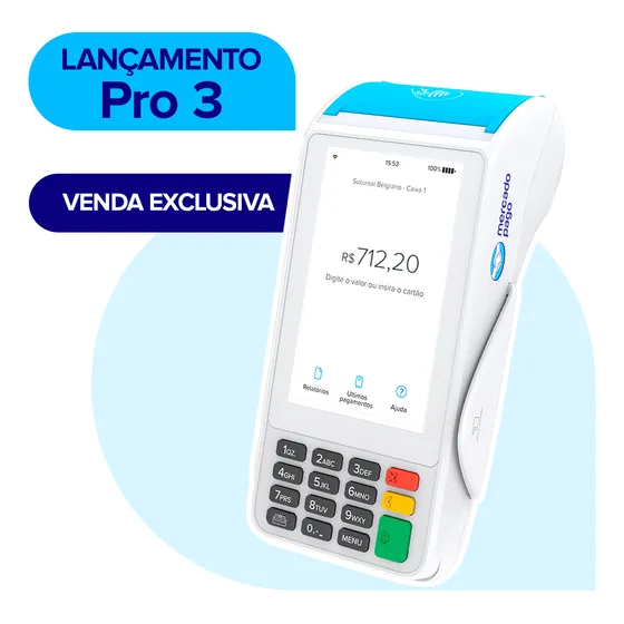 Maquina de cartão Mercado Pago Point Pro 3 4G CHIP VIVO com Tela Touch