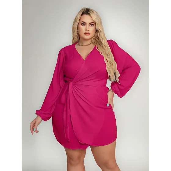 Vestido Curto Plus Size Envelope Decote V Manga Longa Verão
