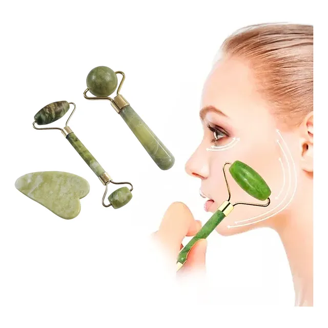 Kit Rodillo Masajeador Facial Anti Estrés Stone Roller Jade