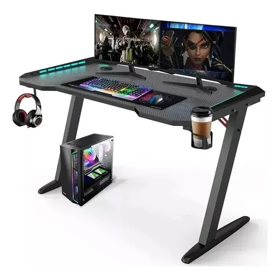 Mesa Escritorio Gamer Z Luces Rgb Fibra Carbono Computadora