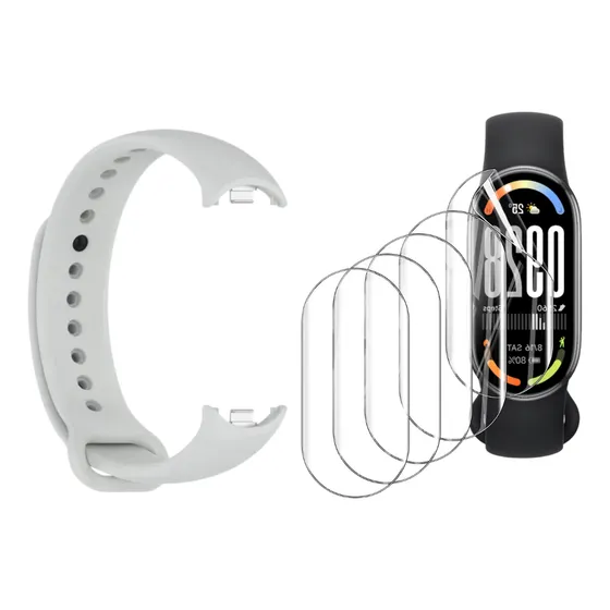 Pulseira De Silicone Conector trava Metal + 5x pelicula gel xsmart Compatível Com Xiaomi Mi Band 8/9/10 Cor Cinza