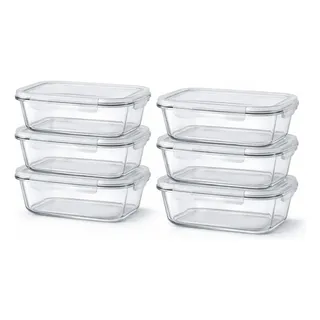 Kit 6 Potes Herméticos Vidro Transparente Retangular 1040ml Marmita Micro-ondas Cozinha