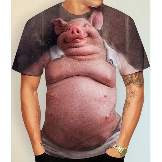 Novedad 3d Impresión Cuello Redondo Camiseta Cerdo Divertido