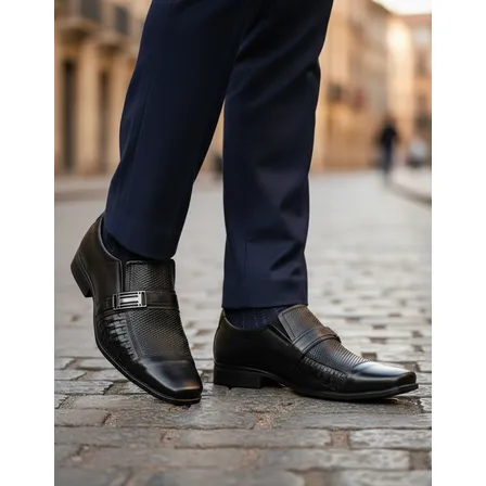 Sapato Social Masculino Couro Legítimo Preto Estampado