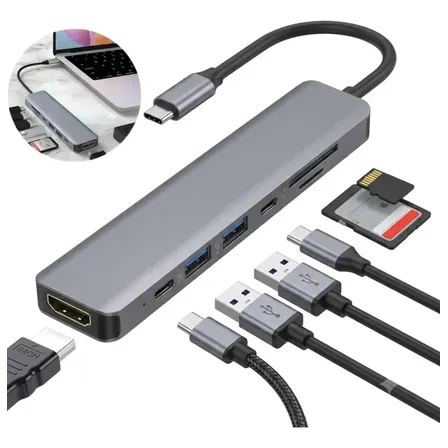 Adaptador Hub Usb-c 7 Em 1 Usb E Hdmi 4k Compatível Macbook Cinza