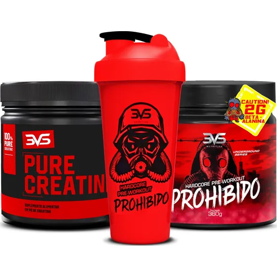 Combo Pré Treino Prohibido 360g Sabor Fruit Punch e Creatina 100% Pura 300g e Coqueteleira 3VS Nutrition