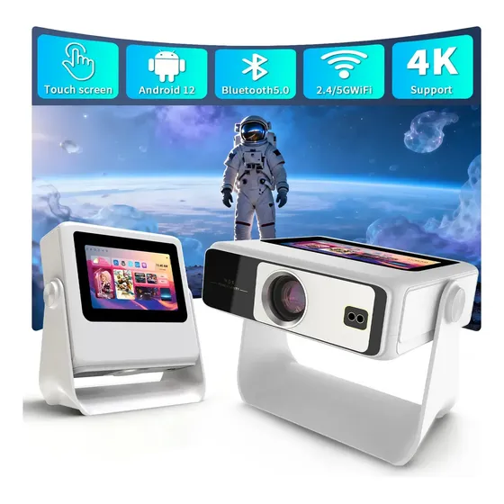 Projetor inteligente portátil com tela sensível ao toque de 7 polegadas, resolução nativa de 1080P compatível com 4K, WiFi 6, foco automático e correção trapezoidal, ideal para uso doméstico e externo
