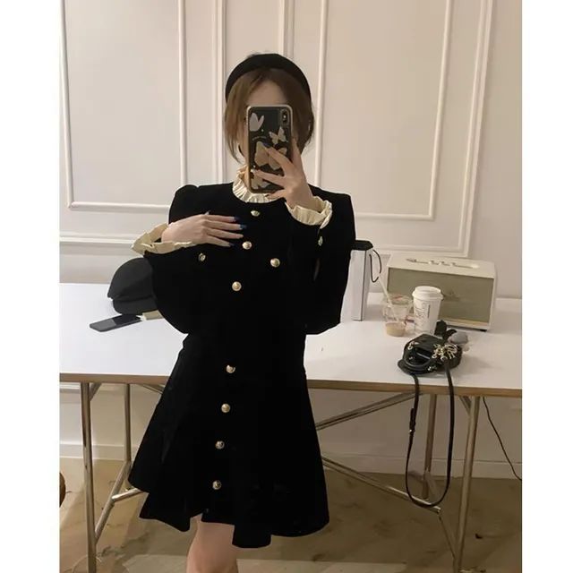 Vestido De Terciopelo Negro 2024 Primavera Otoño Invierno Nu