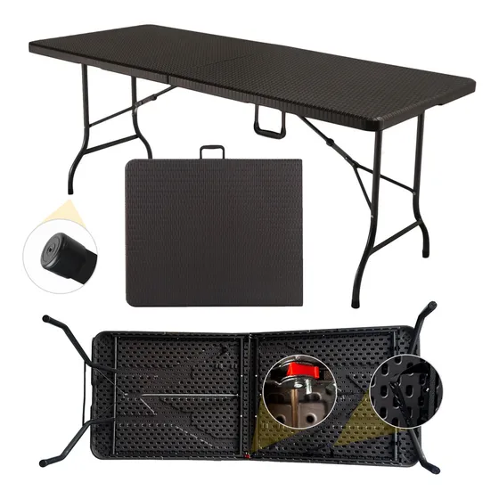 Mesa Plegable 1.80 M Juego Jardin Plastico simil Rattan pvc con boton de seguridad plegable feria IMBACK