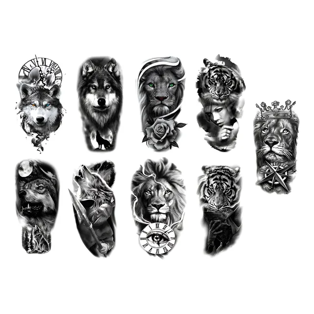 9 Tatuajes Temporales Grandes  Lobos Tigres Hombre Mujer