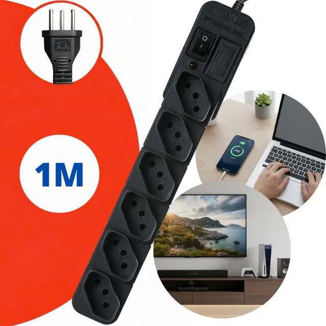 Extensão Régua Filtro De Linha Protetor Energia Elétrica 6 Tomadas Profissional Com Fusível Bivolt 110 127 220 Fiolux Powerlink 110v 127v 220v Preto 127/220v
