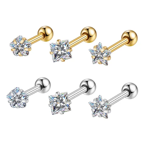 Piercing Helix Conch Labret Aço Cirúrgico Zircônia 3 Peças