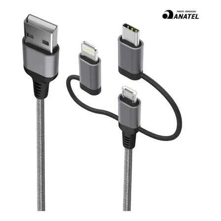Cabo 3 Em 1 Micro Tipo-c Lightning Certificado Mfi Geonav Cor Prateado
