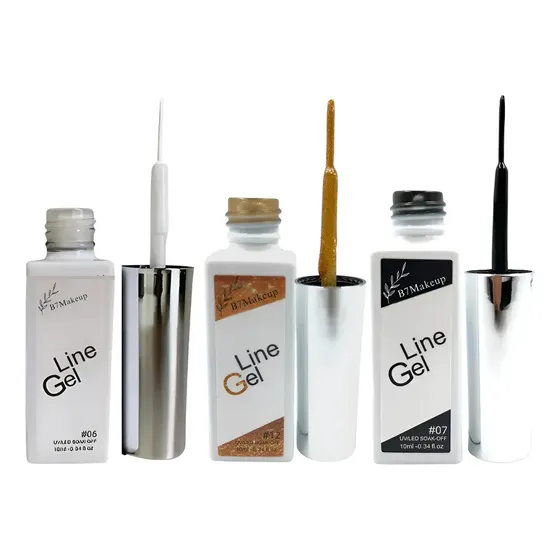Kit Esmaltes Gel Ponta Fina 3un Nail Art Unha Decorada Preto Cor Branco Dourado e Preto