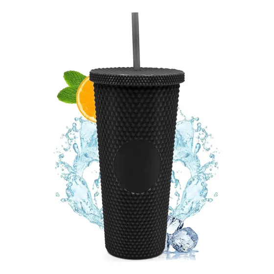 Vaso Texturizado Reutilizable De Plástico Rígido Con Tapa Y Popote Color Negro (clicuc)