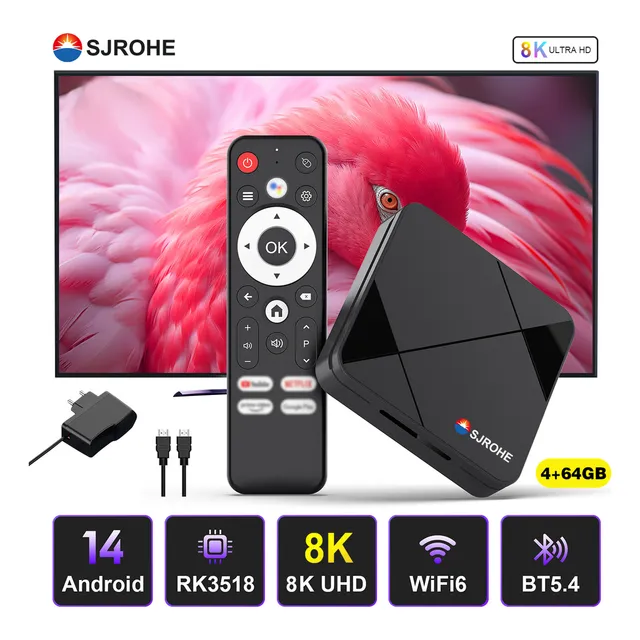 Sjrohe® Internet Streaming Tv Box 8k 4+64gb Android Tv Android 14.0 Tv Stick Full Hd Wifi 6 Con Bluetooth Google Assistant Para Google Play Youtube Netflix Hbo Incluye Cable Hdmi 2.1 Usb2.0-3.0