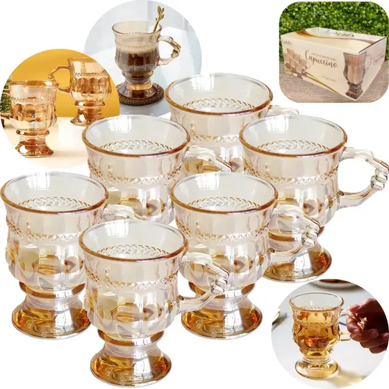 6 Xicaras Café Sem Pires 142 Ml Ambar Base E Alça Decorada Transparente