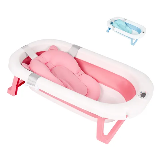 Tina Bañera Kiddos de Baño Plegable Portátil de Viaje Resistente Practica para Bebés con Termómetro Cojín y Soporte Color Rosa Liso