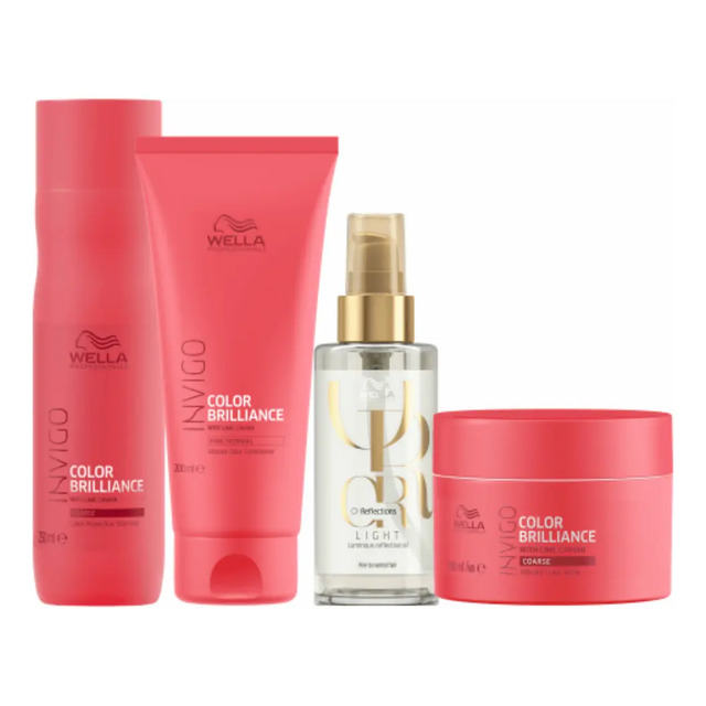 Kit Wella Invigo Color Brilliance contendo shampoo, condicionador, máscara e um frasco de óleo Oil Reflections Light de 100ml em fundo branco