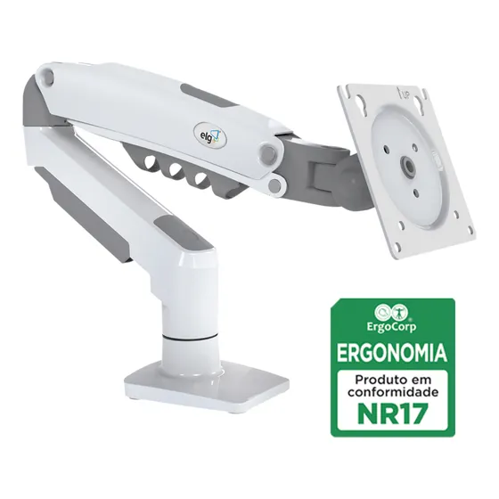 Suporte Ergonômico Articulado de Mesa ELG F80W com Pistão a Gás , Design Compacto e Retrátil para Monitores de 17'' a 35'', Suporta de 2kg a 9kg, Branco